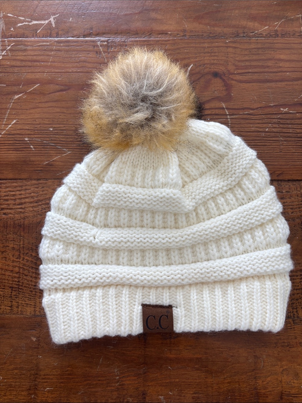 C.C Womens Cream Knit Beanie with Faux Fur Pom in Brown-Tipped
